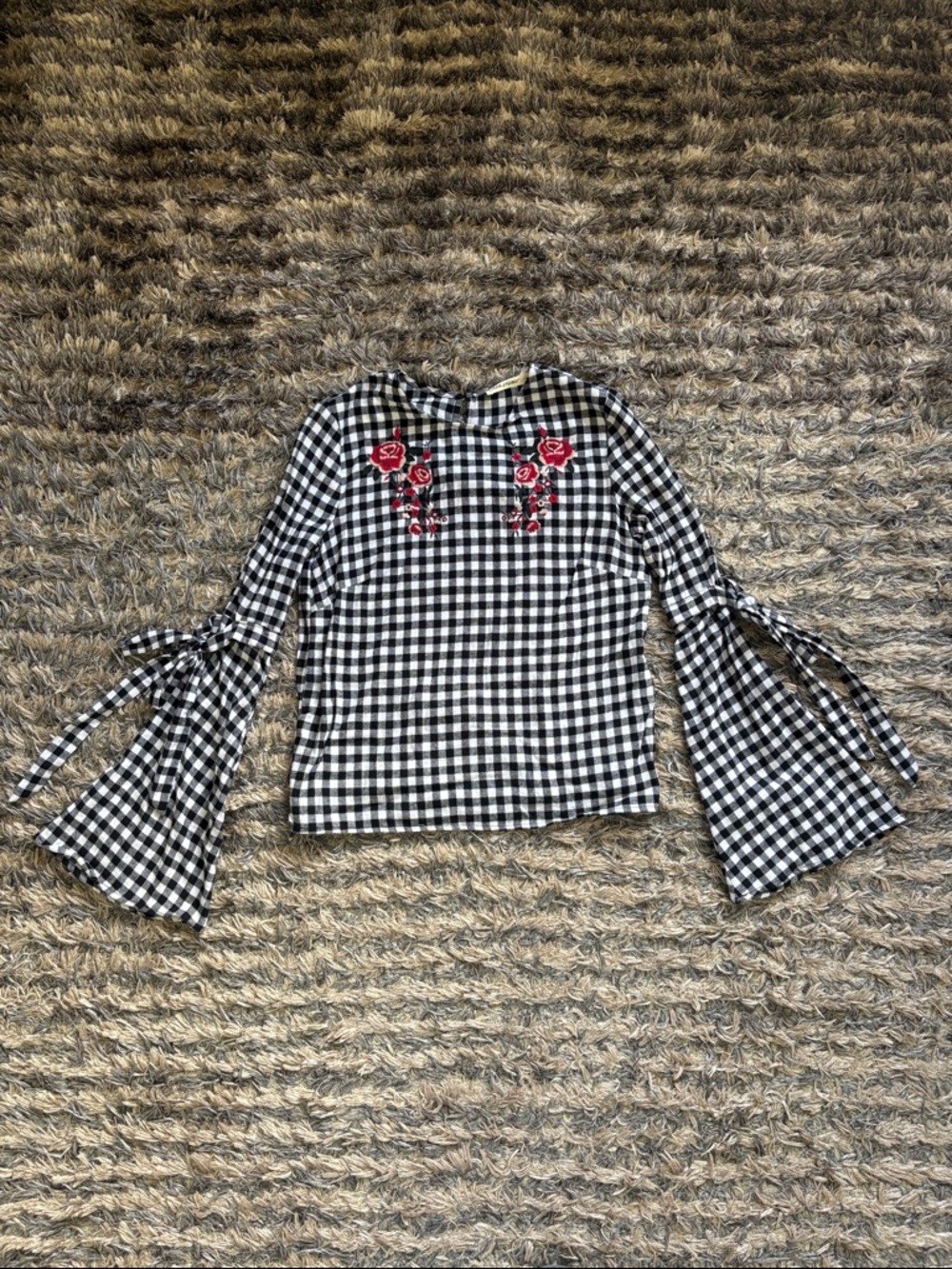 Chloe & Katie Black and White Gingham Bell Sleeve Top with Red Floral Embroidery